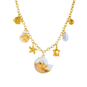 Bohemian gold stainless steel necklace with starfish, turtle and sea shell charms