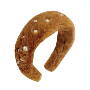 Brown faux mink fur headband with decorative pearls shown on a clean white background