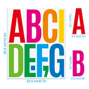 Detailed dimension guide showing 5-inch colorful alphabet stickers for mailbox and wall decor