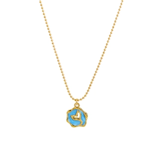 Gold beaded necklace with a blue enamel irregular round pendant featuring a whale tail