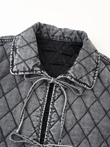 Quilted denim jacket with diamond patterns and bow-tie collar in washed dark grey