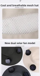 Detail of dual solar panels and breathable mesh fabric on wide brim sun hat