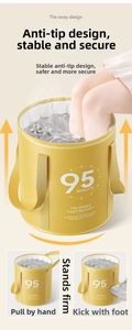 Detailed view of the yellow folding footbath bucket showing stable anti-tip base structure