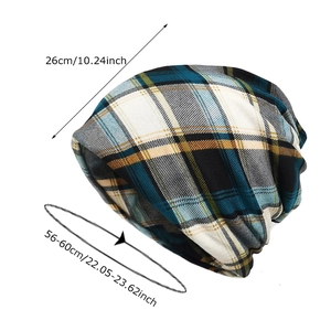 Plaid knitted beanie hat in blue and cream with dimensions 26cm height and 56-60cm girth