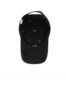 Detail view of the black baseball cap interior with cotton lining and adjustable strap