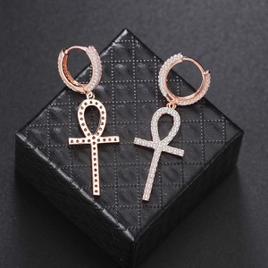 Rose gold Ankh cross earrings with full cubic zirconia stones on black leather box