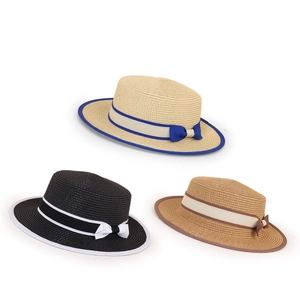 Flat top boater straw hats with elegant contrast ribbon bows in three stylish colors