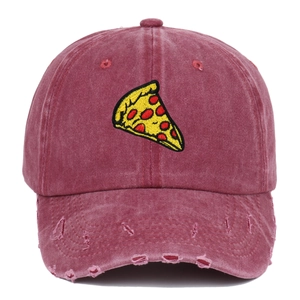 Distressed burgundy pizza embroidery baseball cap with vintage washed cotton and torn brim