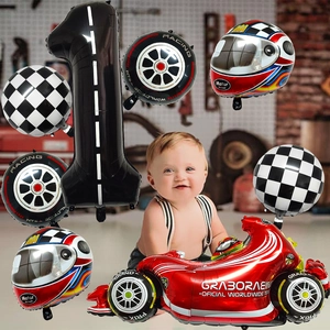 Racewagen thema 1e verjaardag ballonset met folie motorfiets-, band- en helm-ontwerpen