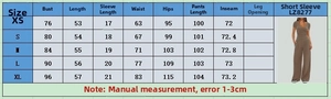 Detailed size chart for women's short sleeve sport set with wide leg pants measurements