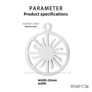 Detailed view of 20mm stainless steel sunburst pendant with size and weight specs