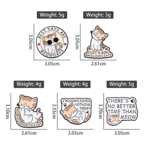 Set of five cute cartoon orange cat enamel pins with funny phrases in various poses