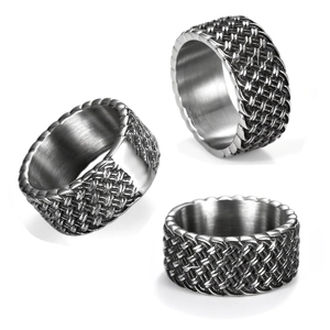 Men Band Ring Stainless Steel Vintage Woven Mesh Texture Geometric Wide Punk Jewelry
