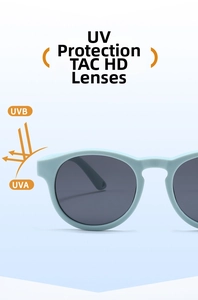 Detail of mint green kids sunglasses featuring TAC high-definition UV400 protective lenses