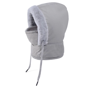 Gray winter balaclava with faux fur trim and adjustable drawstring for warm protection