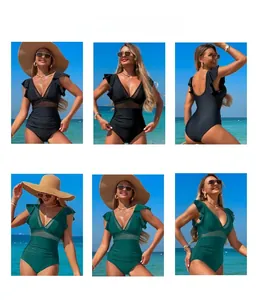 Detail of V-neck nylon swimsuit with mesh panels and ruffled straps in black and dark green