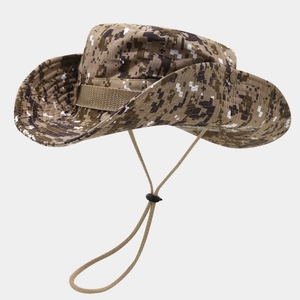Detail of desert digital camouflage sun hat with adjustable chin strap and side press studs