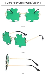 Three perspectives of green shamrock sunglasses with gold frames on white background