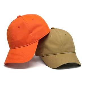 Set of orange and khaki washed cotton baseball caps with breathable embroidered eyelets