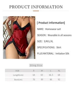 Detailed size guide table for burgundy lace satin nightgown and silk sleepwear