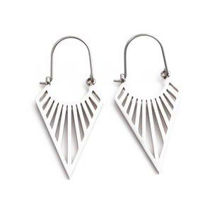 Minimalist silver fan-shaped hollow geometric titanium steel earrings on white background