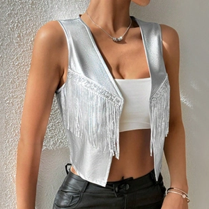 Women's trendy silver metallic fringe vest jacket with sleeveless design for autumn style