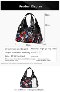 Detail view of floral skull print handbag with size specs and premium hardware parts