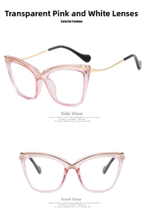 Detailed view of cat-eye glasses frame in transparent pink with elegant gold metal accents
