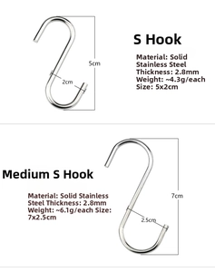 Comparison of 2.8mm small and medium stainless steel S-hooks with size and weight specs