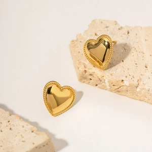 18K gold plated stainless steel heart stud earrings with beaded edge on natural stones