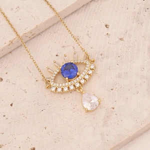 Detailed view of evil eye necklace with blue stone and teardrop zirconia pendant