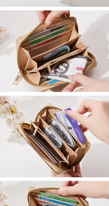 Detailed view of beige vintage printed wallet featuring multiple card slots and zip pocket