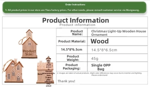 Detail specifications of Christmas glowing wooden house with size 14.5x8x6.5cm and dimensions