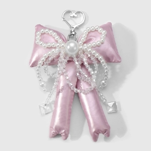Exquisite pink satin bow keychain with imitation pearls and crystal bead chain