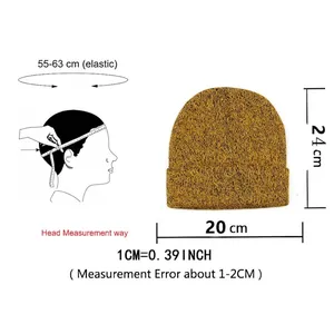 Solid knit beanie for women showing dimensions: height 24cm, width 20cm, circumference 55-63cm