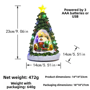 LED Christmas tree decoration with miniature snowy house and dual USB power options