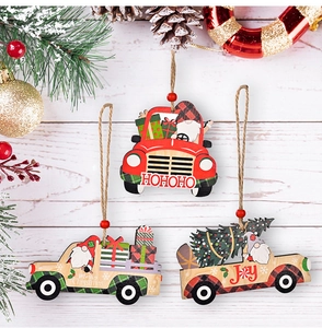 Three-piece wooden Christmas car ornaments with Santa, tree, and holiday patterns