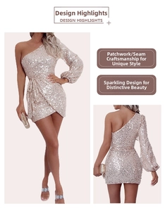 Detail of champagne sequin one-shoulder mini dress with ruching and patchwork texture