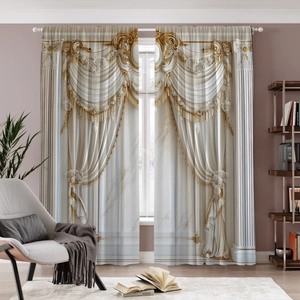 European Style 3D Digital Printed Curtains With Valance Polyester Classical Marble Column Swan Butterfly Pattern Home Decor