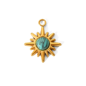 Detailed view of a gold sunburst pendant with a turquoise stone center and polished finish