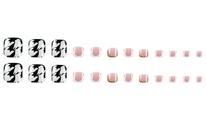 Houndstooth and pink toe nail press-ons with gold glitter edges in 24 piece set