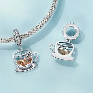 Exquisite 925 sterling silver coffee cup charm with champagne gemstone for bracelets