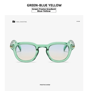 Detail view of mint green translucent frames with blue to yellow gradient lenses
