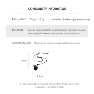Detailed size specifications for heart natural stone pendant necklace with braided rope