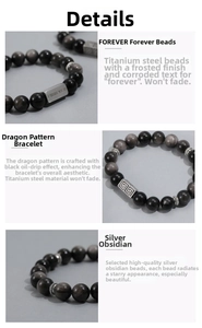 Detailed views of obsidian beads, titanium steel Forever charms, and engraved patterns