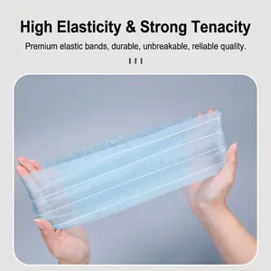 Elastic light blue disposable non-woven headband being stretched to show durability