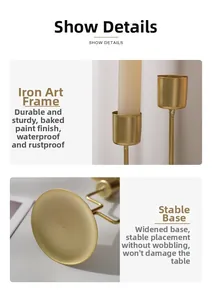 Detail of golden iron candle holder showing waterproof paint finish and stable base