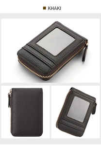 Detail view of khaki card holder showing litchi leather texture and clear ID window