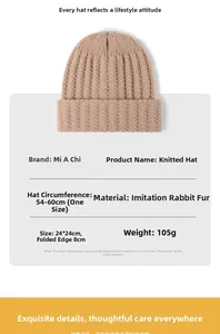 Detailed size specifications for a thick khaki knitted beanie in faux rabbit fur material