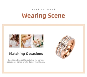 Detail showing rose gold titanium steel ring with double rows of square cut zircon
